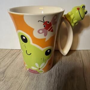 Indra Coffee Tea Cup Mug With Frog & Red Butterfly Orange Trim 12 Oz. Mug